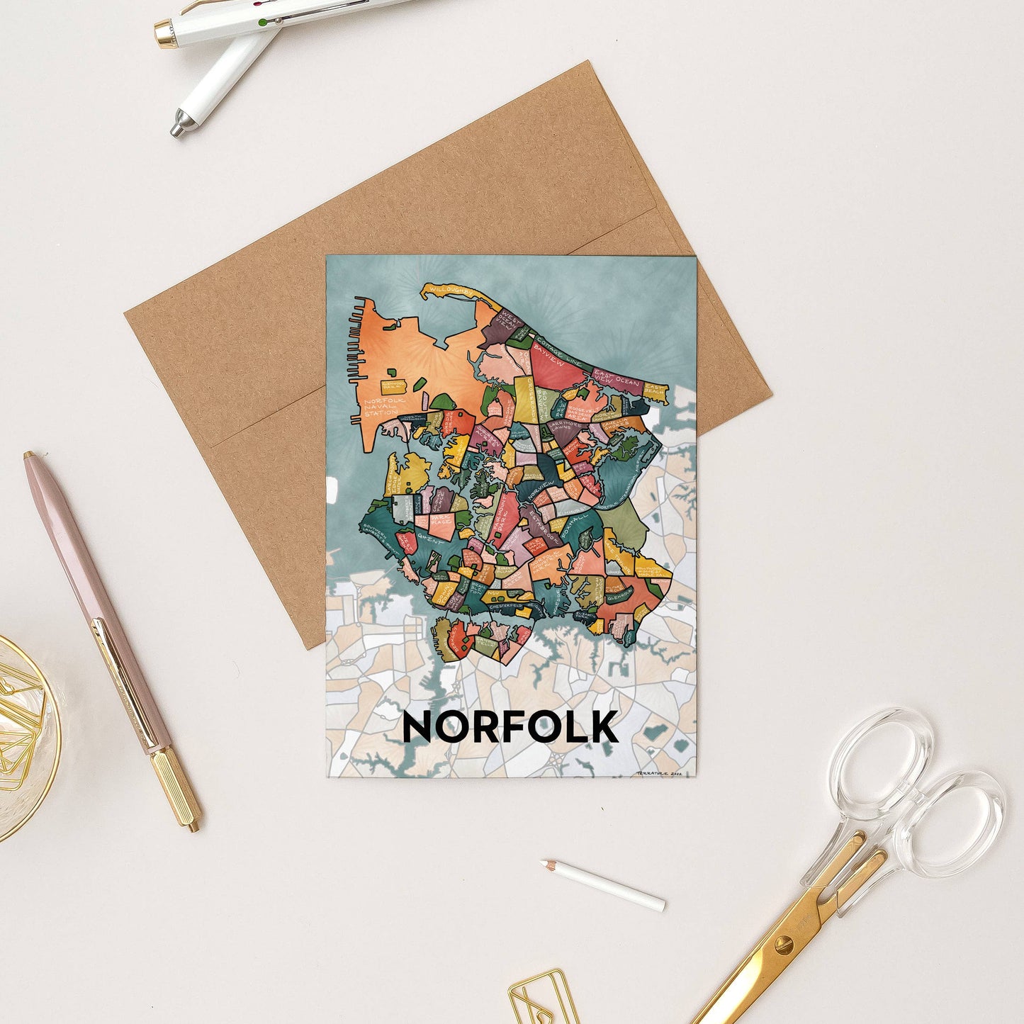 Norfolk Neighborhoods Map Art Greeting Card Home Decor Terratorie Maps + Goods