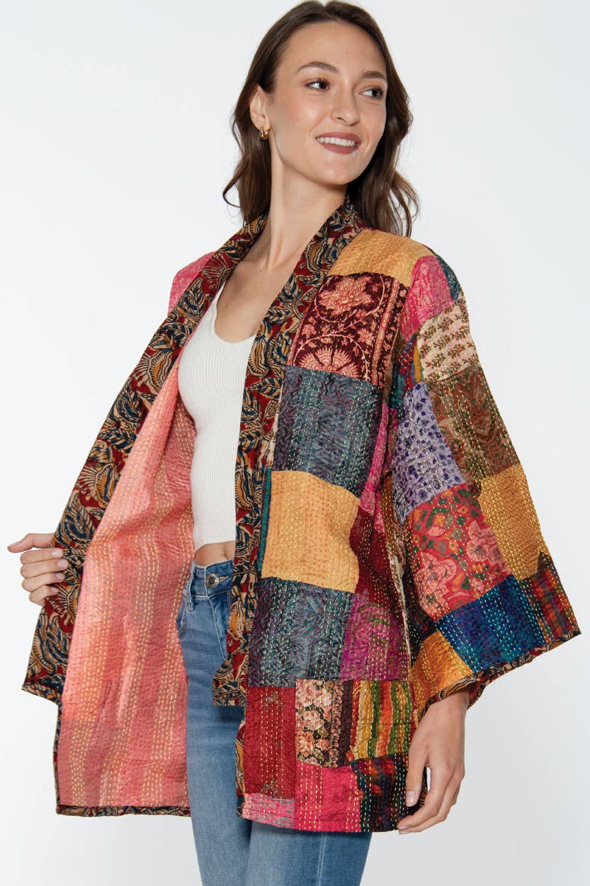 Reversible Kantha Silk Kimono Jacket Sevya Handmade