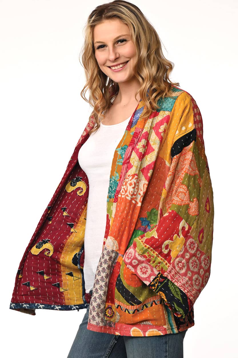 Reversible Cotton Kantha Kimono Jacket Jacket Sevya Handmade   