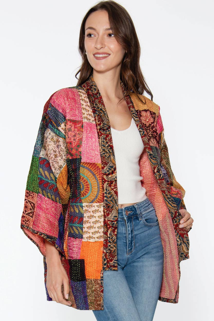 Reversible Kantha Silk Kimono Jacket Sevya Handmade