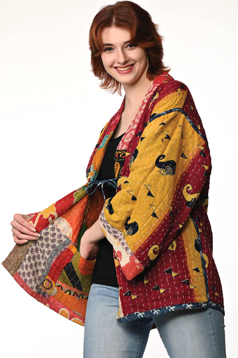 Reversible Cotton Kantha Kimono Jacket Jacket Sevya Handmade   