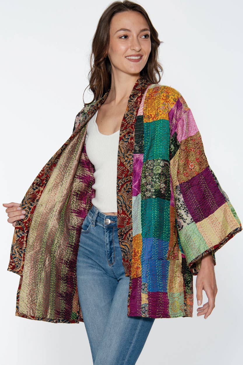 Reversible Kantha Silk Kimono Jacket Sevya Handmade