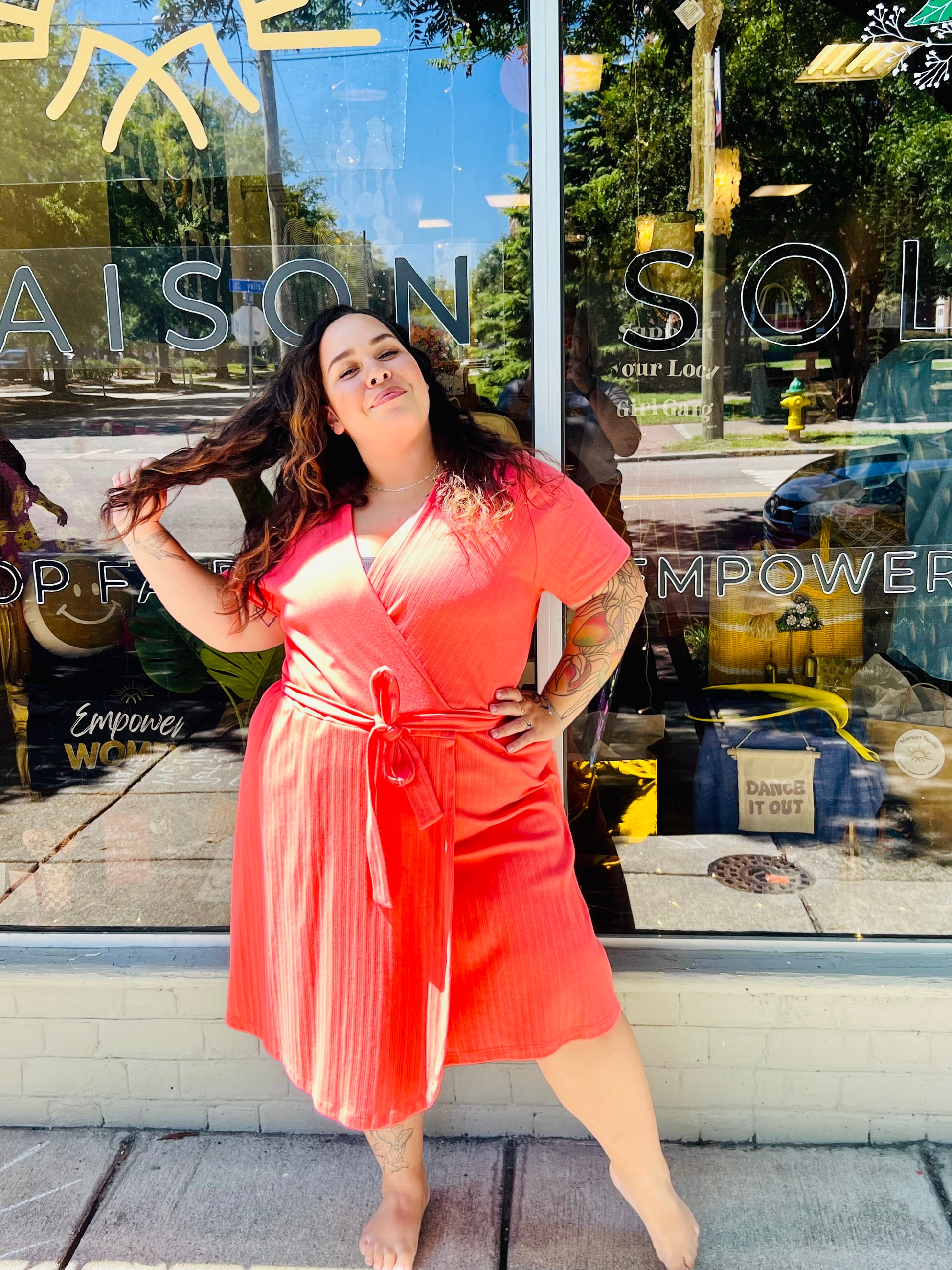 Katie Plus Size Wrap Dress Melon Rib Knit 1X - Main Image