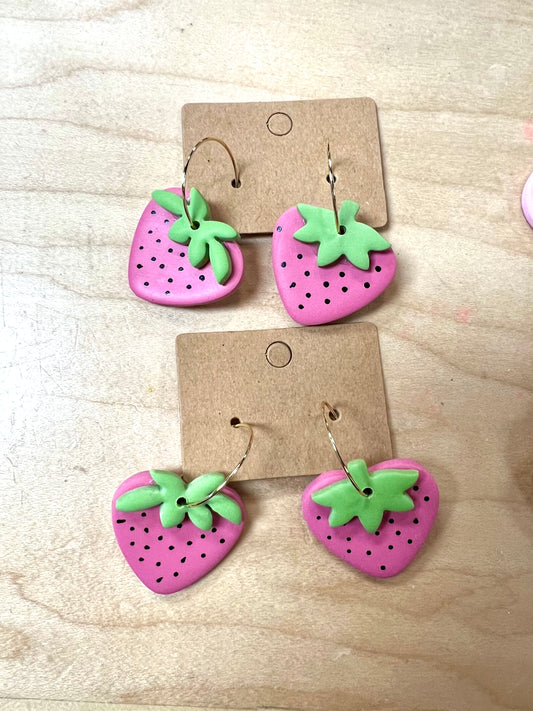 Strawberry Hoops Earrings Fringe and Fire Handmade Pink  