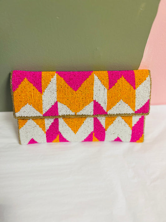 Geo Beaded Envelope Clutch - Pink and Orange Bags Indiblossom   