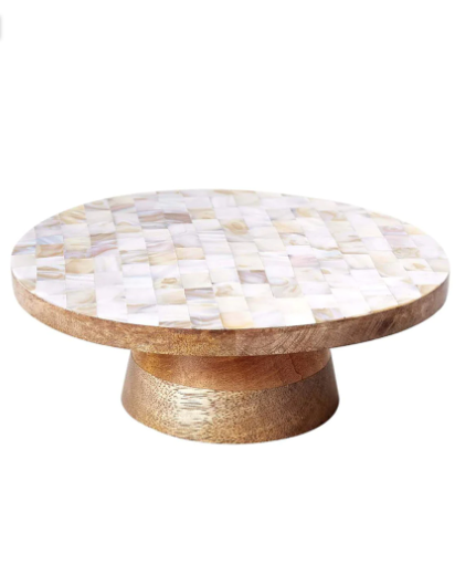 CHITRA MANGO WOOD MINI CAKE STAND WITH MOTHER OF PEARL SHELL Home Goods Matr Boomie   