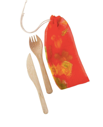 REUSABLE BAMBOO KNIFE AND FORK UTENSIL SET IN UPCYCLED SARI STORAGE POUCH Home Goods Matr Boomie   