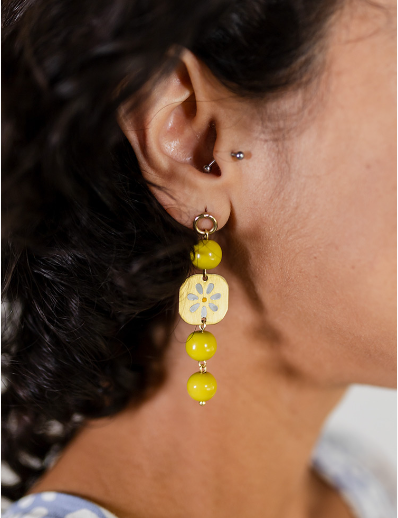Painted Daisy Dangle Earrings - Chartreuse Earrings Mata Traders   