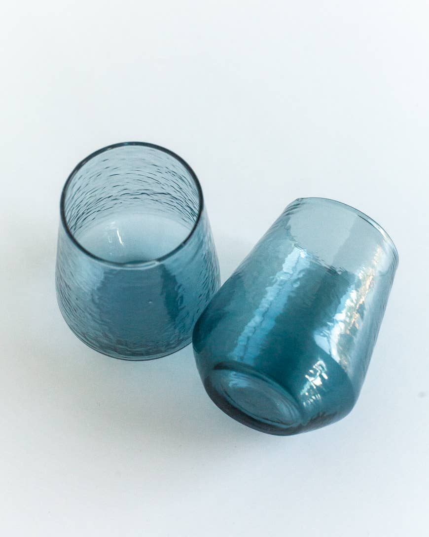 Handblown Hammered Glass Water Tumbler | Pair of 2 Home Goods Creative Women Blue