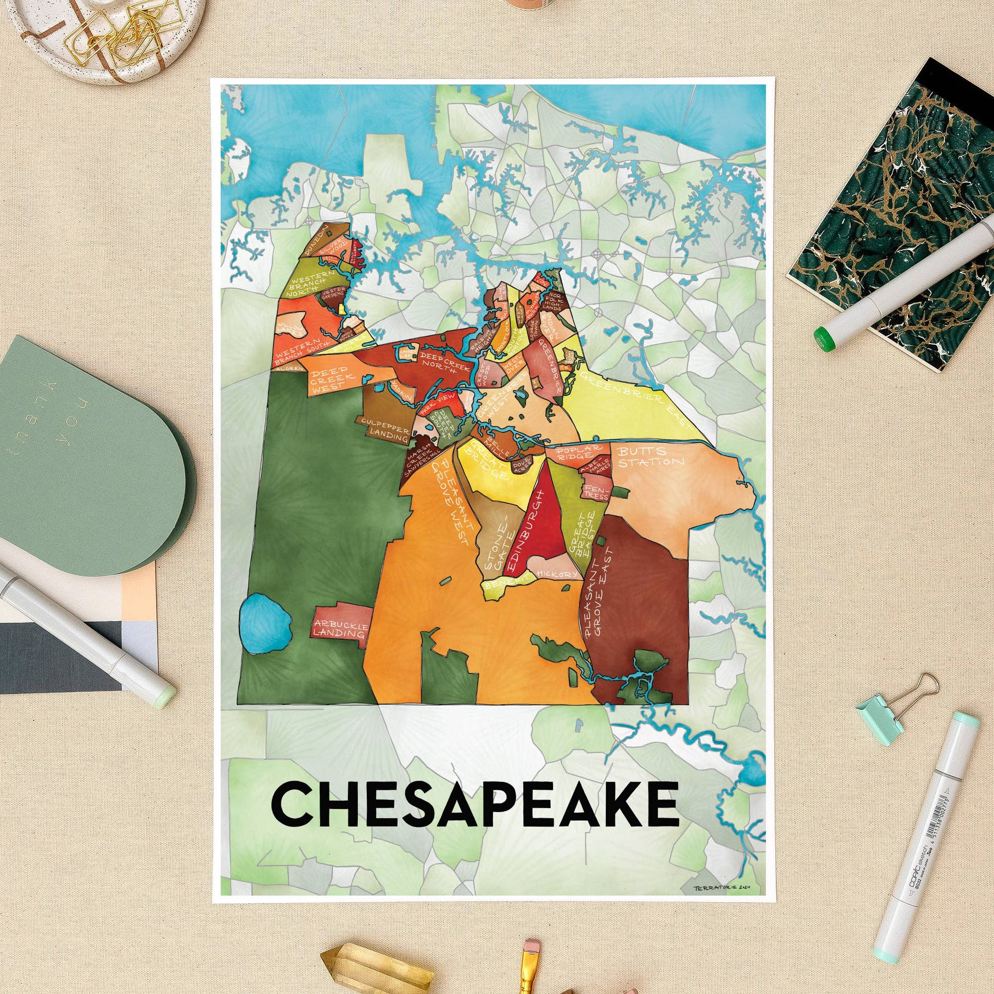 Chesapeake Neighborhoods Map Art Print Home Goods Terratorie Maps + Goods   