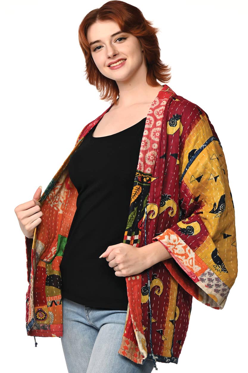 Reversible Cotton Kantha Kimono Jacket Jacket Sevya Handmade   