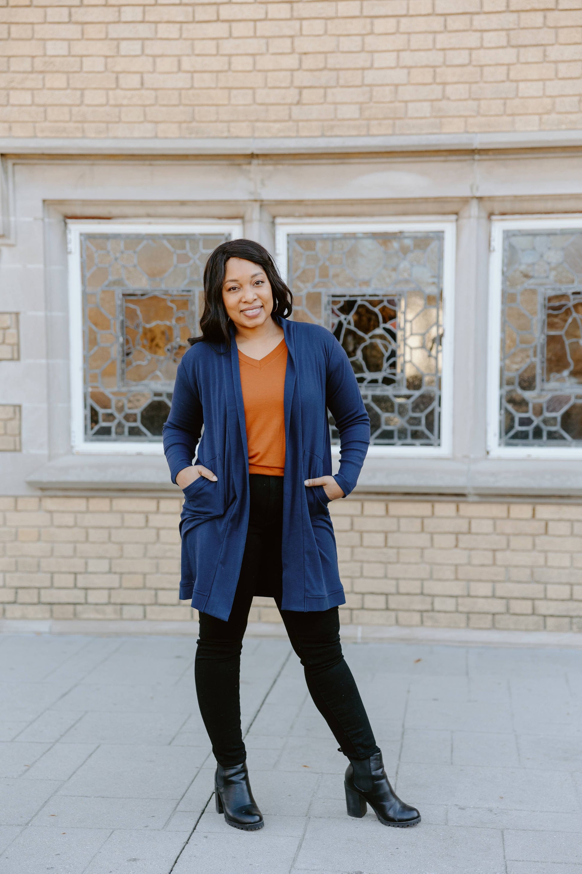 Navy Ribbed Knit Open Cardi Jackets BYTAVI   