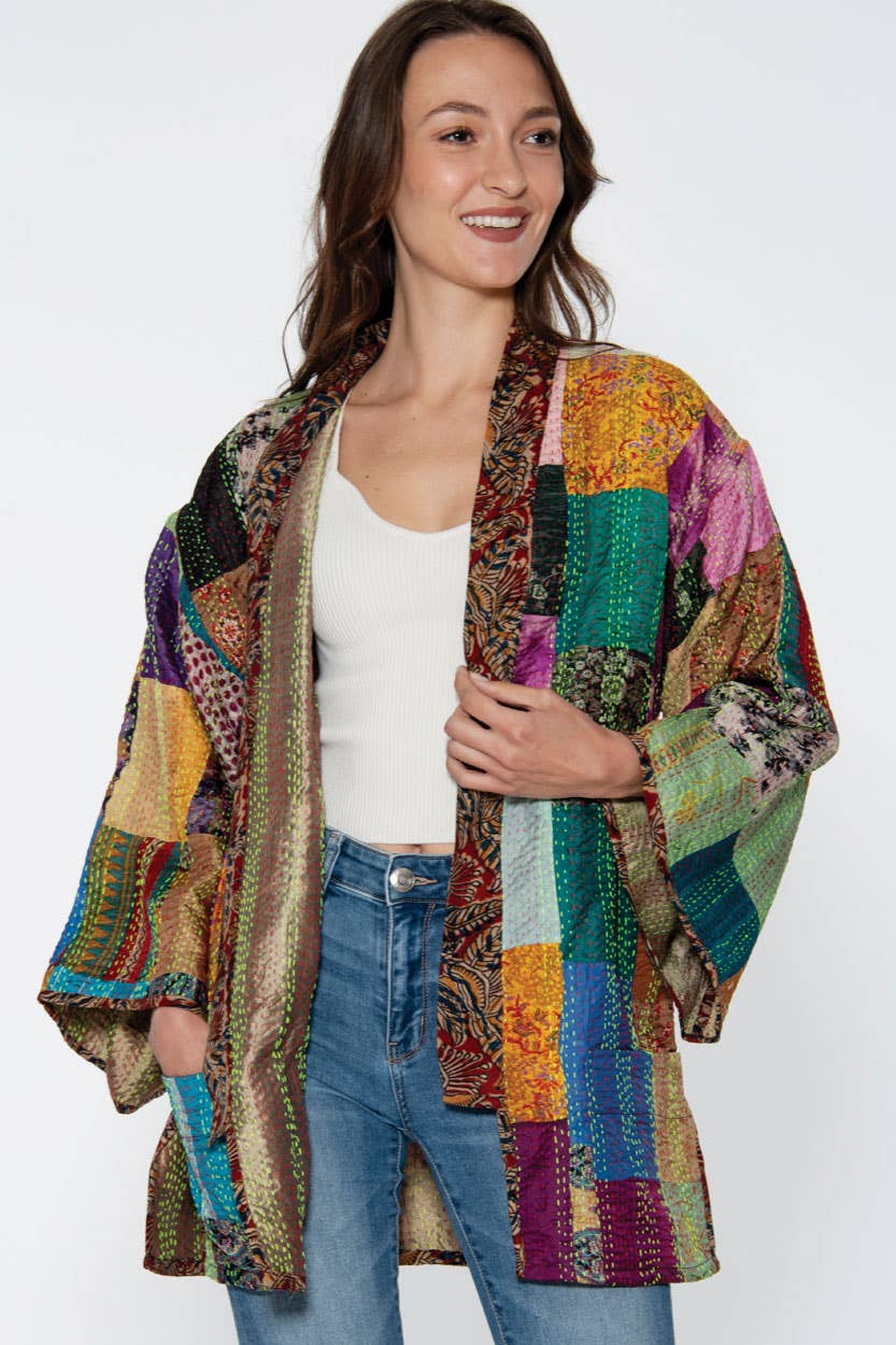 Reversible Kantha Silk Kimono Jacket Sevya Handmade