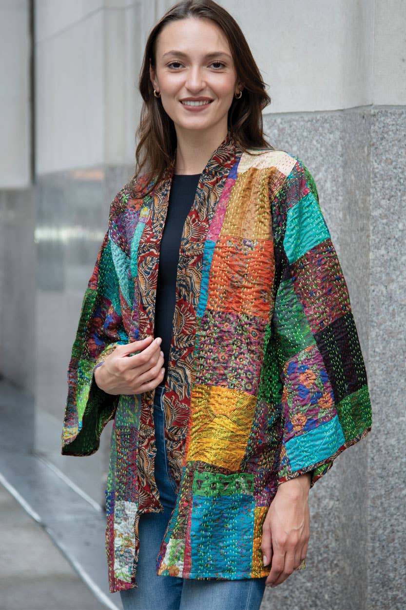 Reversible Kantha Silk Kimono Jacket Sevya Handmade