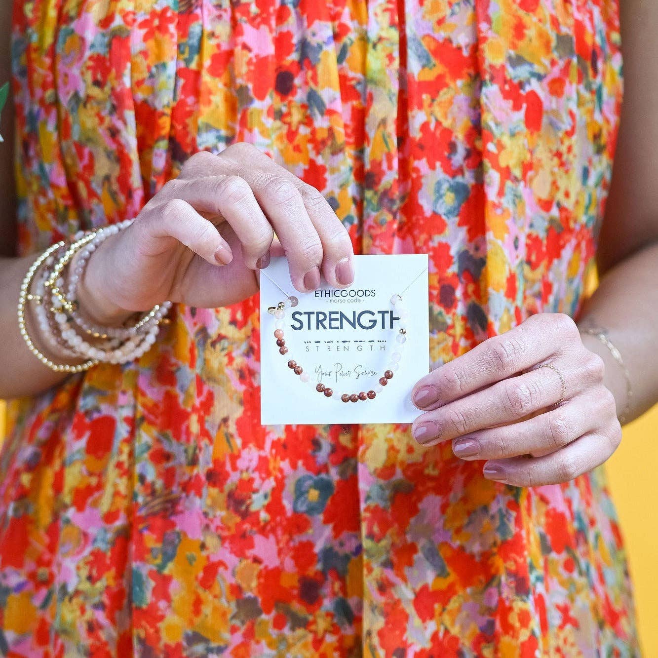 Morse Code Bracelet | STRENGTH: Pink Aventurine & Goldstone  ETHICGOODS   