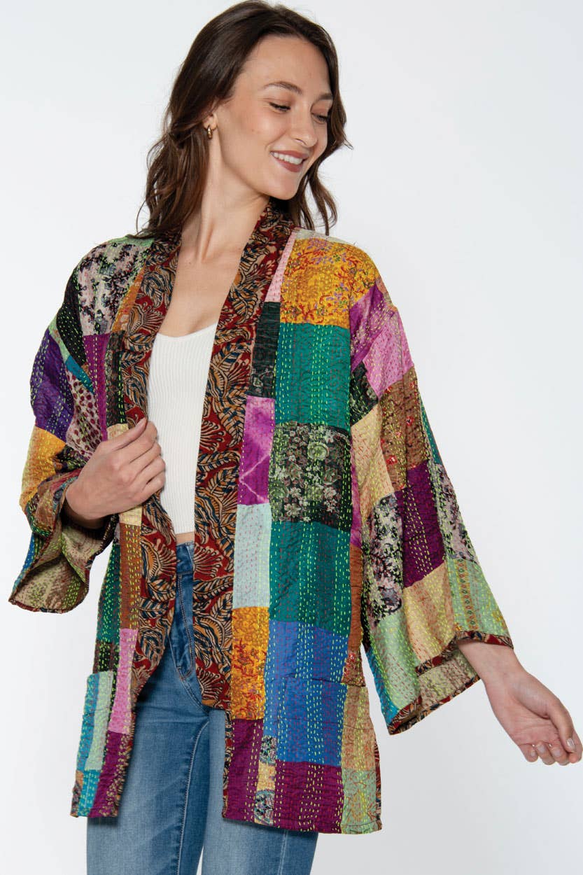 Reversible Kantha Silk Kimono Jacket Sevya Handmade