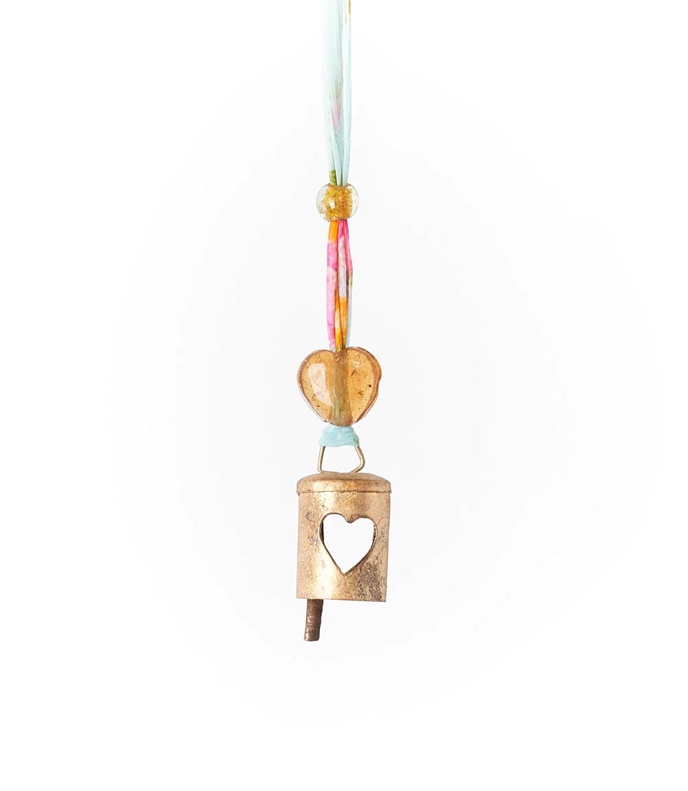 CHAKSHU WIND CHIME WITH BELL AND UPCYCLED SARI HANGER - HEART CUTOUT Home Decor Matr Boomie   