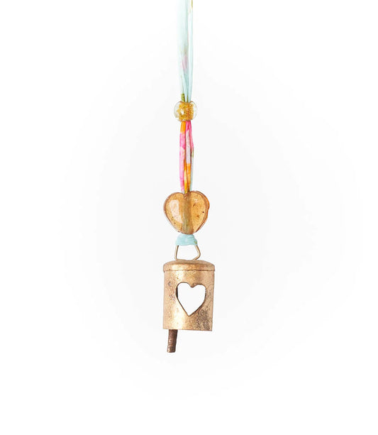 CHAKSHU WIND CHIME WITH BELL AND UPCYCLED SARI HANGER - HEART CUTOUT Home Decor Matr Boomie   