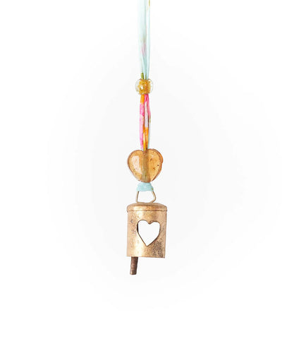 CHAKSHU WIND CHIME WITH BELL AND UPCYCLED SARI HANGER - HEART CUTOUT