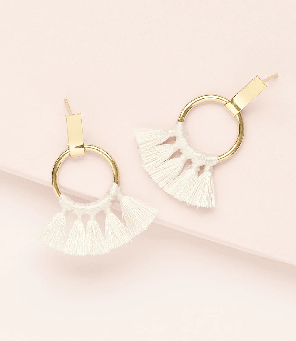 DANU DROP EARRINGS WITH GOLD HOOP AND SHORT WHITE KNOTTED TASSELS Earrings Matr Boomie   