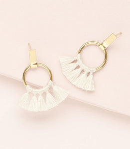 DANU DROP EARRINGS WITH GOLD HOOP AND SHORT WHITE KNOTTED TASSELS