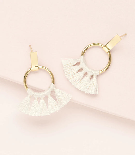 DANU DROP EARRINGS WITH GOLD HOOP AND SHORT WHITE KNOTTED TASSELS