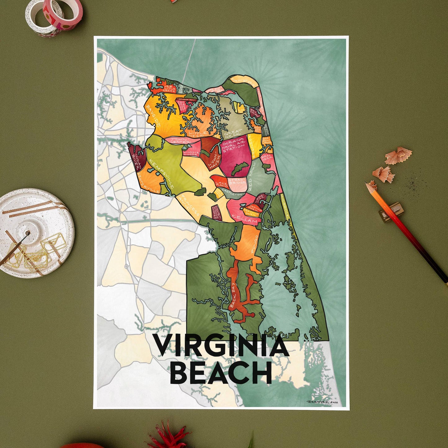 Virginia Beach Neighborhoods Map Art Print 13"x19" Home Decor Terratorie Maps + Goods   