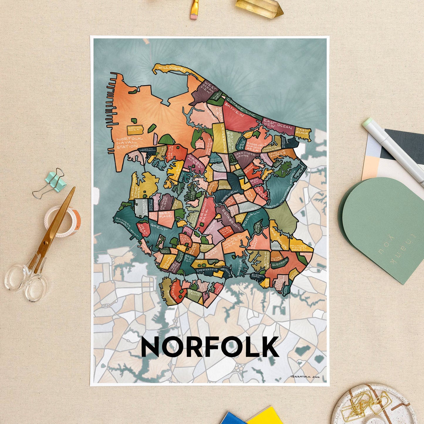 Norfolk Neighborhoods Map Art Print 13"x19" Home Decor Terratorie Maps + Goods   