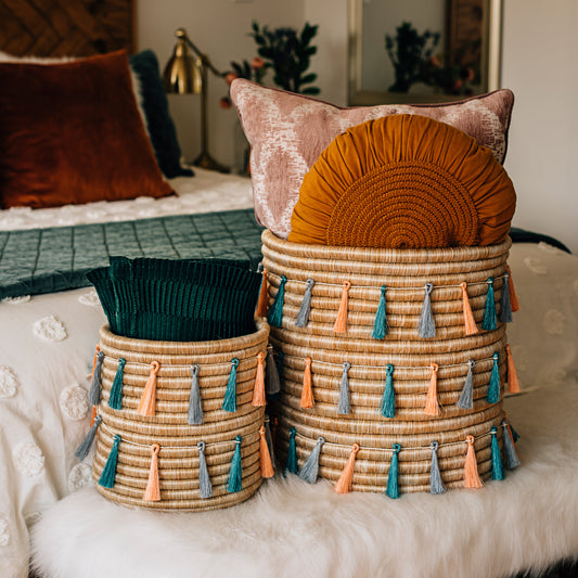 Sutton Woven Storage Basket and Joyful Tassel Set Home Goods Azizi Life Large  