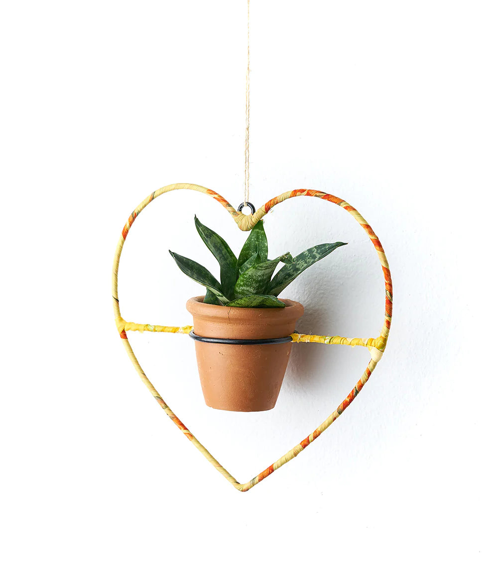 UPCYCLED SARI WRAPPED HANGING PLANTER WITH TERRACOTTA PLANT POT - HEART Home Goods Matr Boomie   