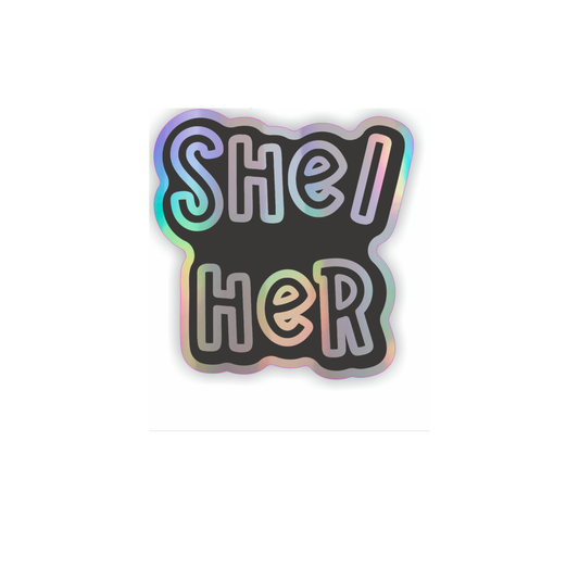 She/her pronoun holographic vinyl sticker Home Goods Fluffmallow   