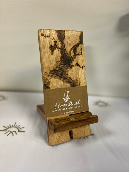 Handcrafted Mango Wood Two-part Phone Stand - World Map